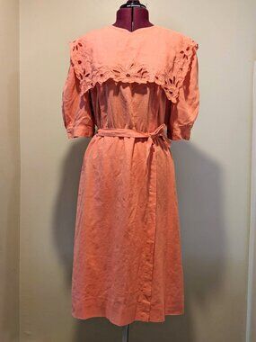 Vintage 1970 Designer Marion Maged Carol Pink Embroidered Collar Dress Size 12 M